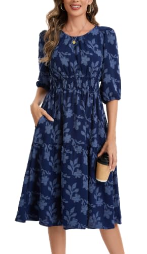 Image of Kormei Women Casual Boho Floral Round Neck 3 /4 Sleeve Smocked Waist Tiered A Line Flowy Swing Midi Dress Long Dresses