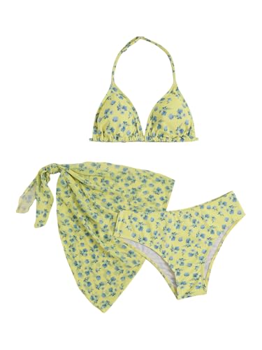Image of SOLY HUX Girl's Summer Swimsuit Set Floral Halter Triangle Bikini Set with Wrap Skirts Beachwear