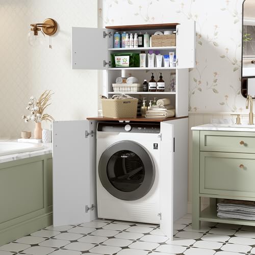 Wasmachinekast met 2 deuren, 68 x 68 x 170 cm, hoge kast voor de badkamer met verstelbare planken en grote opbergruimte, wasmachinekast, ruimtebesparend, walnoot + wit - Afbeelding 4