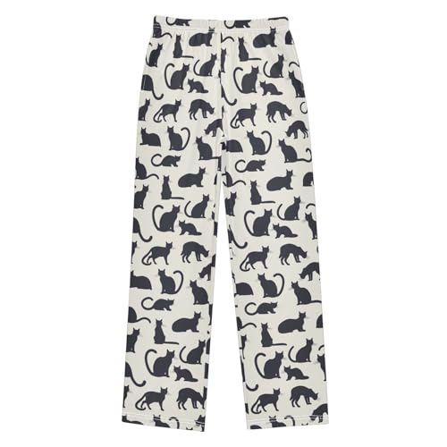 Black Cats Print Pajama Pants Lounge Sleep Pants Elastic Waist Long Pajama Bottoms with Pockets for 6-14 Years