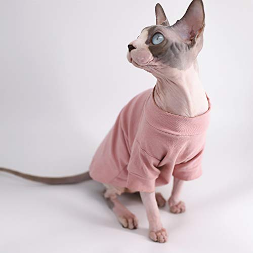 Sphynx Hairless Cat Cotton Tshirts Pet Clothes, Pullover Kitten T-Shirts With Sleeves, Cats & Small Dogs Apparel Solid Color Pink #TOP2