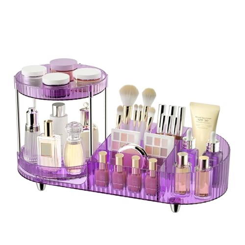 Image of 360 Rotating Vanity Makeup Organizer, 2 Small Trays & 5 Compartments for Cosmetics, Skincare, Perfume, Lipstick & Make up Brushes Holder, Purple Countertop Organizers and Storage for Dresser, Bathroom