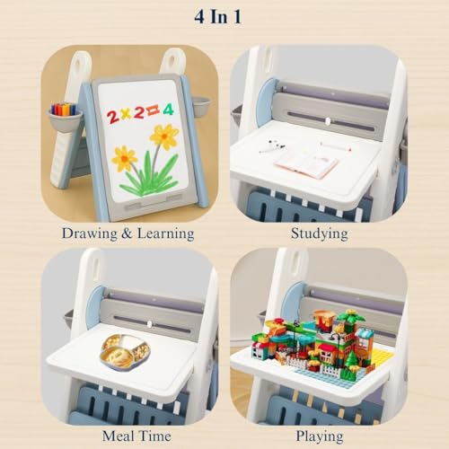 Image of Little Olive Kids Chair and Drawing Board with Easel | 3 in 1 Multipurpose Activity Table Desk Set | Convertible Study Furniture for Toddlers and Preschoolers (Blue)
