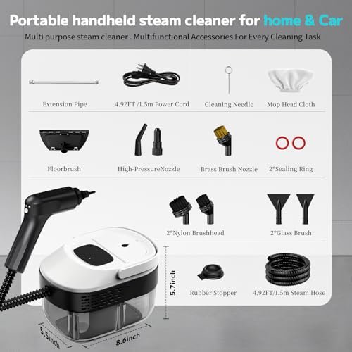 SRGARH Pressurized Steam Cleaner, 54oz Large Tank, Portable Steamer for Cleaning with 15-Piece Kit, 15s Fast Heat-Up, 3-Level Control, Handheld Steam Cleaner for Home, Car, Kitchen (White) — view 4