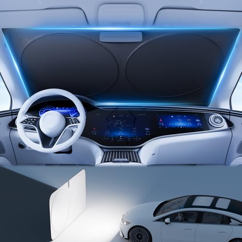 Image of PEMOTech 2026 Upgraded Windshield Sun Shade Cover for Privacy | Overlapping Leather Protection Car Window Shades | Sunburn Blocker & Rear View Mirror Compatible | 64''x32'' for Toyota /Chevy /Honda