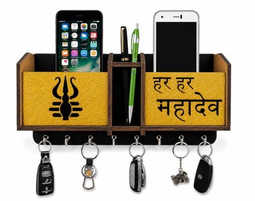 Image of Premium Har Har Mahadev Multipurpose Wooden Key Holder, Key Hanging for Wall Home, Living Room, Office Decor Key Holder Trishul Design Key Holder with Stainless Steel 8 Hooks Gift Item