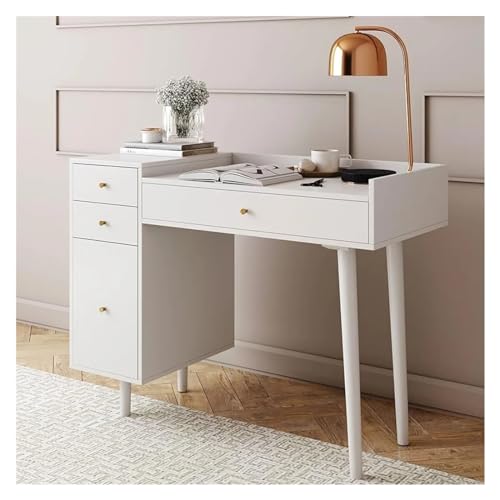 TONDI Vanity Dressing Table or Makeup Desk with 4-Drawers and Brass Accent Knobs, White Wood,Vanity, qz-7461