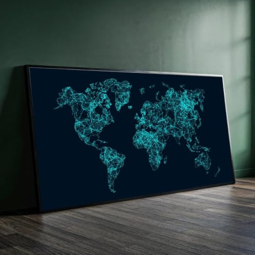 Art rétro voyage pour bureau : toile carte vintage géométrique bleue 30x50cm