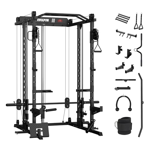 EVOLPOW M2D Smith Machine, Strength Training Squat Rack with LAT-Pull Down System & Cable Crossover Machine for Home Gym and More Training Attachment