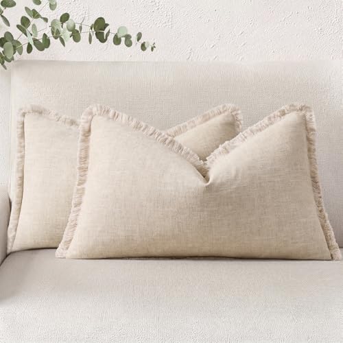 decorUhome Linen Fringe Lumbar Throw Pillow Covers Set of 2 Decorative Natural Beige Pillow Covers with Tassels Soft Accent Boho Farmhouse Pillow Cases for Couch Bed Sofa 12x20 Inch