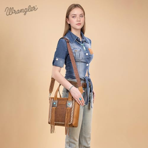 Image of Montana West Wrangler Cowhide Tote Bag for Women Western Tooling Handbag Leather Fringing with Turquoise Stone Concho