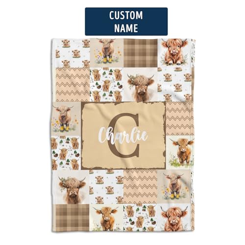 Locobird Highland Cow Baby Blanket - Personalized With Name or Initial for Girls and Boys, Custom Baby Stuff (Brown)