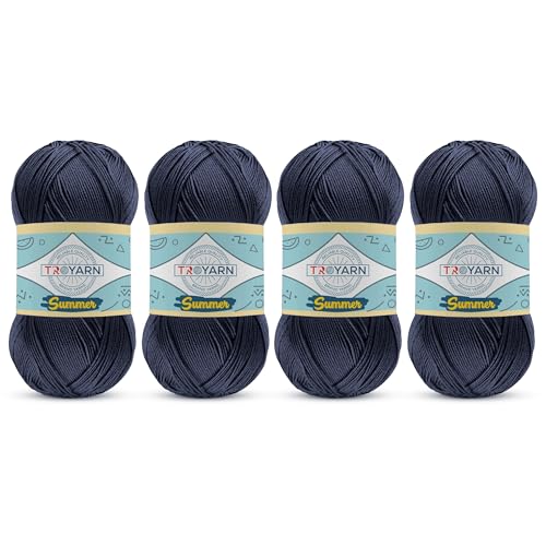 Image of TROYARN Summer (4- Skeins Pack) Silk Effect Hand Knitting Yarn Crochet Art Lace Craft 100% Microfiber Acrylic 4x100 gr (4x383 yds) (105361 - Dark Navy)