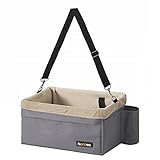 FEANDREA Dog Car Seat, Pet Booster Seat for Small Dogs up to 26 lb, with Adjustable Straps, Removable Washable Fleece Liner, 4 Pockets, for Front Seats, Back Seats, Gray and Beige UPBS042G01