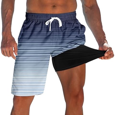 westwolf Men's Swim Trunks with Compression Liner Blue Stripe 9" Long Board Shorts for Mens Hawaii Quick Dry Cycling Bathing Suits Beach Shorts with Inner Pocket Holiday Running Swim Shorts M Cover