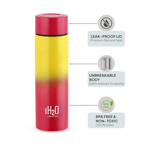 Image of CELLO H2O Luma Stainless Steel Water Bottle For Office Use 1000ml, Yellow Pink | Single Wall Freezer & Fridge Safe Lightweight & Stylish Leakproof Rustproof Steel Water Bottle For School Kids & Travel