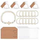 GOMAKERER 24 Set Rosenkranzarmbänder Aus Holz Rosenkranzperlen Weißem Holz Mit Kreuzanhänger Rosenkranz Kreuz Armbänder Mit Geschenkanhängern Organzabeuteln Für Taufe Party Brautparty Männer Frauen