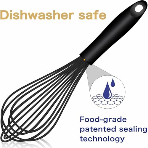 Dishwasher Safe Silicone Whisk, Sealed Waterproof Design Set of 3, Professional Kitchen Whisks for Cooking Non-Scratch, Silicone & Stainless Steel Whisk, Heat Resistant Balloon Egg Beater, Black - Image 3