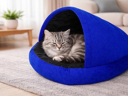Image of GDB Cotton Premium Cozy Cove Blue Pet Bed for Cats and Medium Dogs Soft, Washable, Cave-Style Sleeping Bed with Anti-Slip Bottom Medium Blue Black.(LWH 61X61X15 CM)