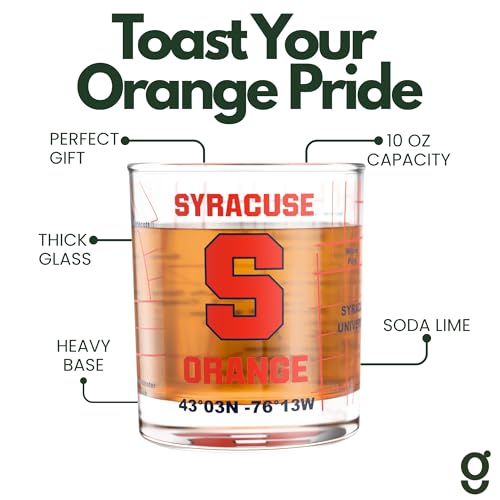 Image of Greenline Goods University of Syracuse Orange Whiskey Glasses Set of 2, 10 oz Rocks Glasses with Full-Color Logo & Campus Map - Officially Licensed Bourbon Glass Gift for Alumni & Fans