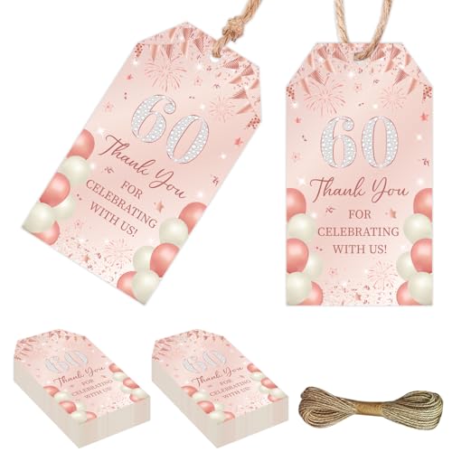 Decoraciones de cumpleaños 60 en oro rosa para colgar en recuerdos de invitadas