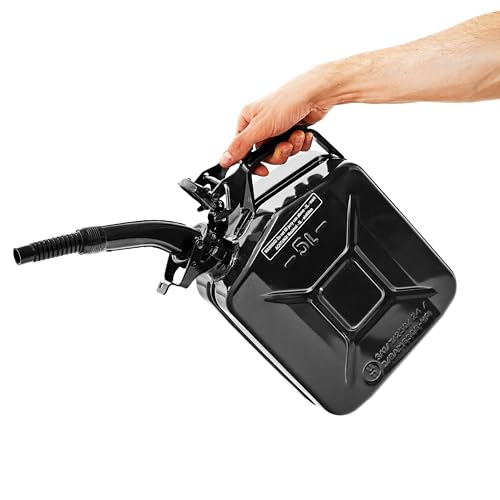 BW© Tanica per carburante in metallo, 5 litri, con beccuccio, colore nero, RAL 9005, certificato TÜV e approvazione ONU, Made in Europe