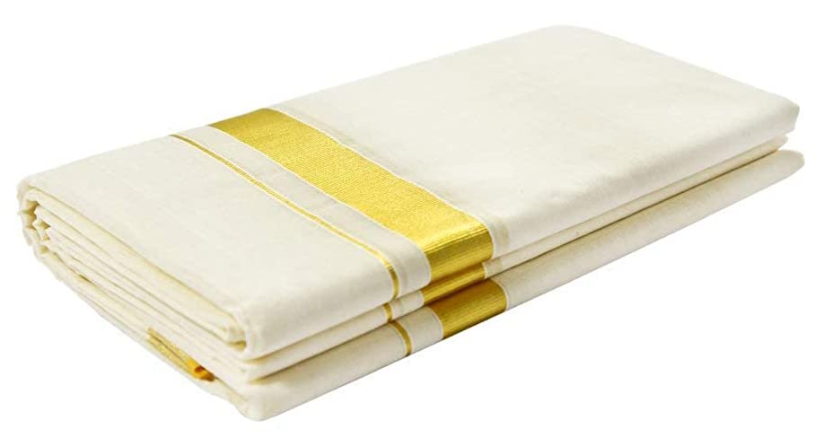 Image of Mens Cream 100% Cotton Dhoti 4.00 Mtrs with Rich Jari Border Dhothi /Vesti /Mundu