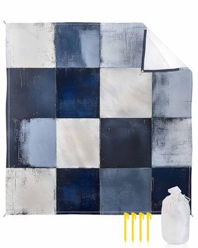 Beach Blanket Sandproof Waterproof Picnic Blankets Navy Blue Plaid Buffalo Checker Extra Large Lightweight Outdoor Beach Mat with Corner Pockets for Travel/Camping Abstract Geometric Color Block
