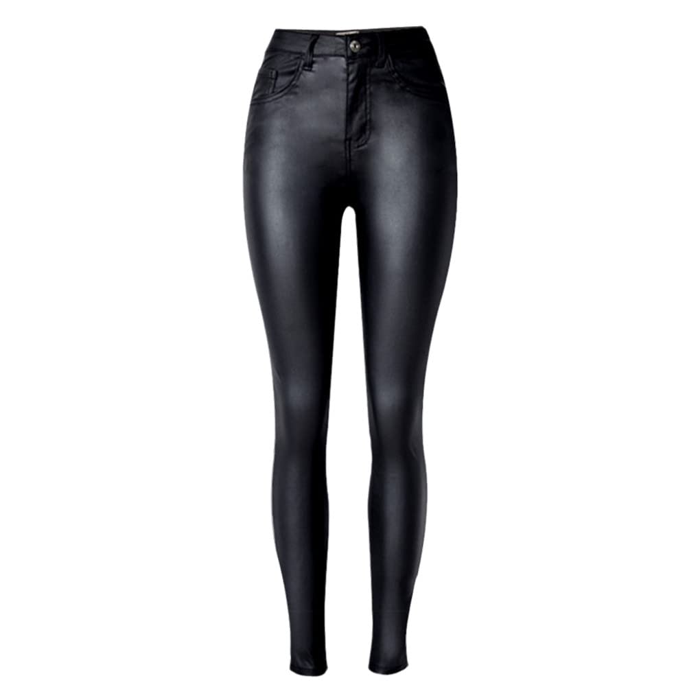 Dninmim Pantaloni da donna skinny a vita alta slim in pelle sintetica nera sexy pantaloni
