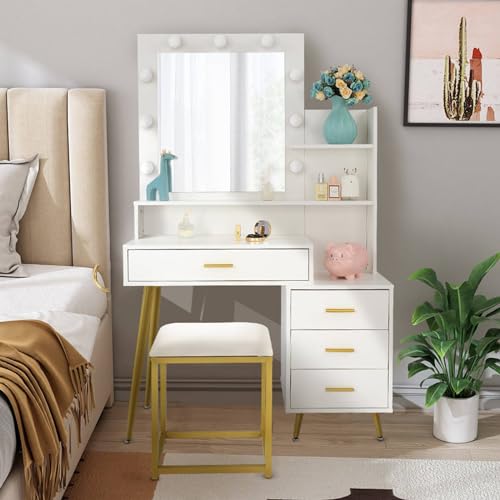 FRITHJILL Modern White Vanity Set with 9 LED Illuminated Mirror, Open Shelves, and Drawers - Golden Metal Frame, Makeup Table with Stool