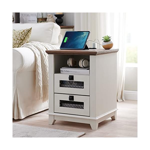 Nightstand with charging stationokd 18 industrial farmhouse square end table w 2 drawers open cubby rustic mesh drawer sofa side table wstorage for bedroom living room office antique white  urban country home decor