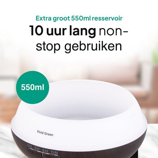 Vivid Green Aroma Diffuser, Kunststof, LED Moodlight, Donkerbruin, Aromatherapie, Luchtbevochtiger voor Slaapkamer en Woonkamer, Timer en Afstandsbediening, Elektrisch, 550ml, 40m² - Afbeelding 5