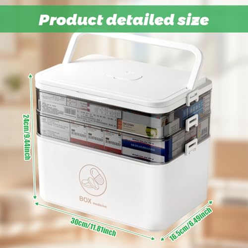 3 Etagen Medikamenten Aufbewahrung, Medizinbox mit Tragbarer Griff, Große Kapazität Medikamenten Organizer, Aufbewahrungsbox Hausapotheke Box, Erste Hilfe Kasten für Zuhause, Büro, Schule