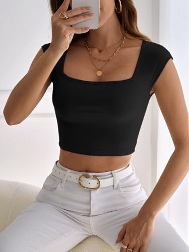Image of Aahwan Women's Polyester Fitted Royal Solid Square Neck Rib-Knit Form Tee Top (KV-294)