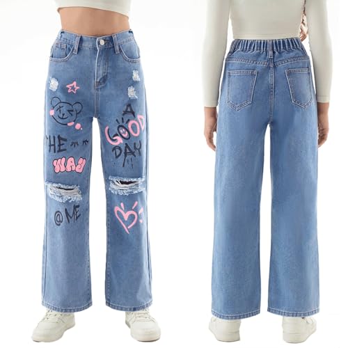 Baggy Jeans for Girls Graphic Prints Ripped Wide Leg Pants Streetwear Adjustable Waist Cute Jeans for Girls Y2K 9-12Y