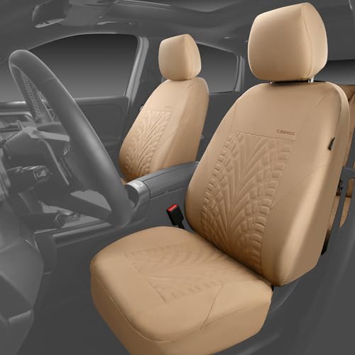 Image of CAR PASS Car Seat Covers Two Front Only for Car, 3D Tyre Print Automotive Interior Covers, Airbag Compatible, Quick Setup Universal Fit Seat Covers for Car, Truck, SUV(All Beige)