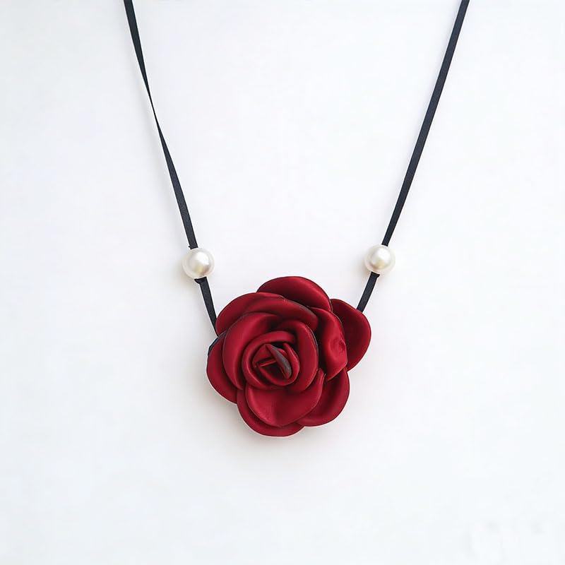 ONLYJUMP 3Pcs Red Velvet Rose Jewelry Set for Women Black Ribbon Necklace Pearl Tassel Earrings Chest Flower Vintage Floral Design Ideal Gift for Wedding Birthday Valentine's Day - Image 7