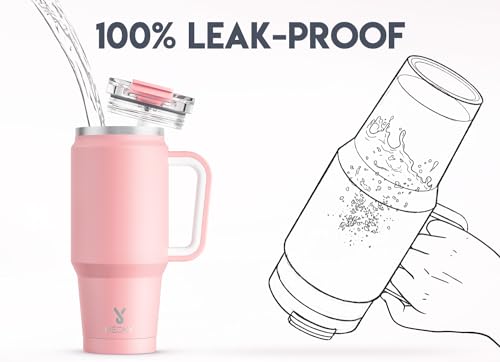 Image of Meoky 32 oz Tumbler with Handle, Insulated Tumbler with Lid and Straw, Stainless Steel Travel Mug, Keeps Cold for 24 Hours, 100% Leak Proof, Fits in Car Cup Holder (Blush)