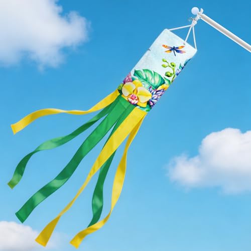 40 Inch Hummingbird Floral Windsock – Spring Garden Outdoor Hanging Windsock with Long Flowing Streamers for Patio Yard Porch Farmhouse Decor