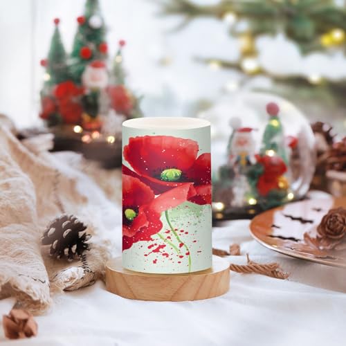 Image of Red Poppies Flickering Flameless Candles LED Battery Operated with Remote Timer Pillar Candles for Home Birthday Wedding Christmas Decor, Set of 2
