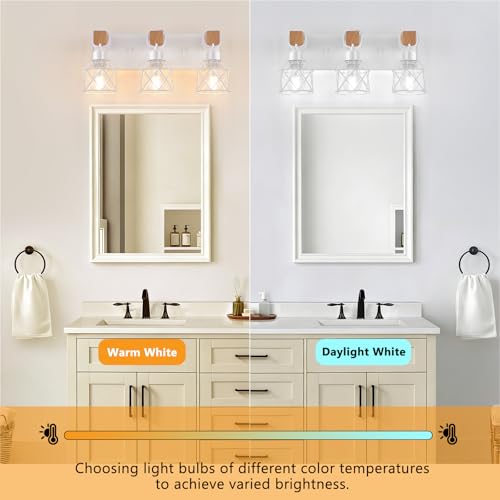 Image of FadimiKoo 3-Light Farmhouse White Bathroom Vanity Light Fixtures, Rustic Wood Vanity Lights for Bathroom, Modern Bath Sconces Wall Lighting with Elegant Metal Shade for Mirror, Living Room, Bedroom