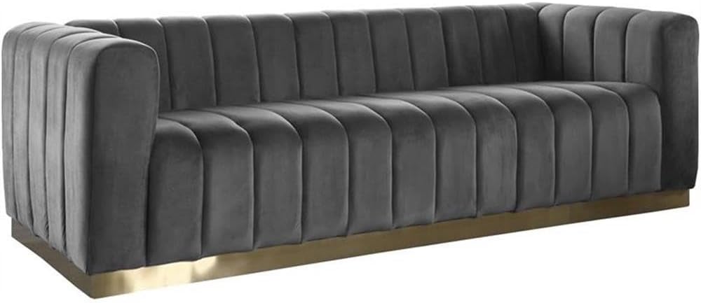 Meridian Furniture 603Grey-S Marlon Collection Modern | Contemporary Velvet Upholstered Sofa with Deep Channel Tufting, Stainless Steel Base in a Brushed Gold Finish, Grey, 86.5" W x 34" D x 28" H