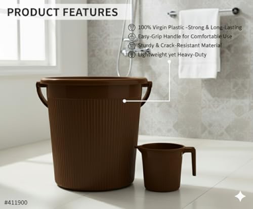 Image of MODWARE Plastic Bucket Set with Mug, 20L Bucket with 1L Mug, Polypropylene, Round Shape, (Brown, 20 L)