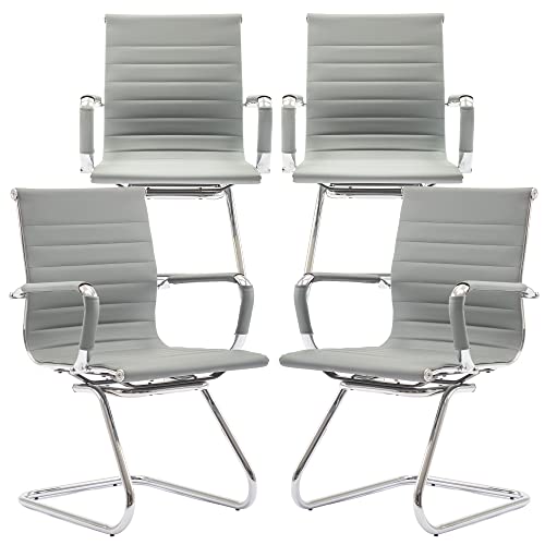 Image of Conference Room Chairs Set of 4, Waiting Room Chairs with Arms, Faux Leather Reception Chairs No Wheels, Office Guest Chairs with Mid Back Support and Chrome Sled Base, Grey