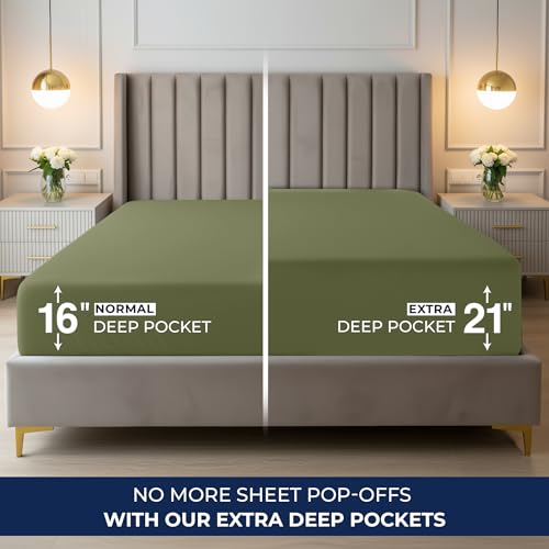 Image of Utopia Bedding Extra Deep Pocket King Fitted Sheet, Fits up to 21 Inch Mattress - Hotel Luxury, Soft, Breathable and Comfy - Shrinkage and Fade Resistant - Easy Care (Olive)