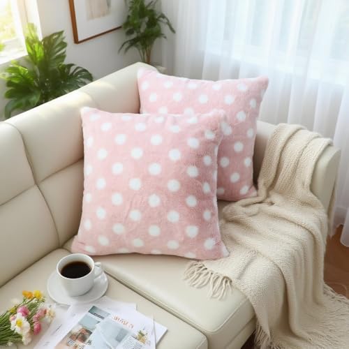 QIFONIX Polka Dot Plush Throw Pillow Covers, Decorative Soft Faux Fur (Light Pink,18' x 18' (Pack of 2))