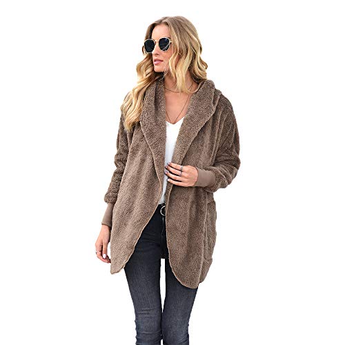 Merecho Women Long Sleeve Hooded Open Front Cardigan Overcoat Fleece Jacket Coat Outwear with Pockets for Winter (Khaki, XXXL)