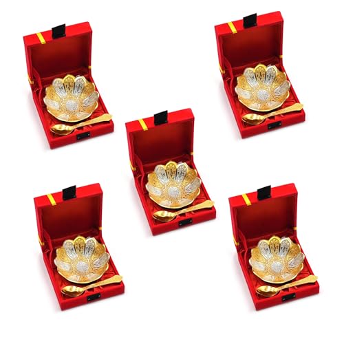 IGH Pack of 5 Decorative Silver Gold Plated Lotus Bowl 4 Inches, Dessert Dry Fruit Bowl Embossed Serving Bowl With Spoon, Indian Wedding Return Gift
