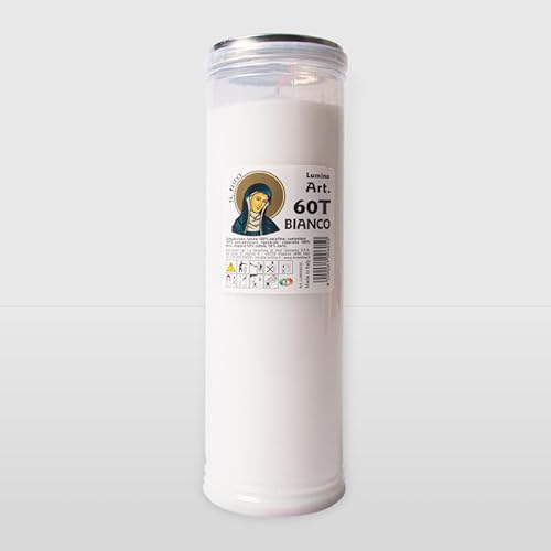Cero Votivo Santa Rita 60T in Paraffina Bianca, 10 Lumini Religiosi – Durata 72 Ore, Ø7 x H20,5 cm, Stoppino in Cotone Cerato, Fiamma Luminosa e Costante, Candela Votiva Devozionale per Preghiera