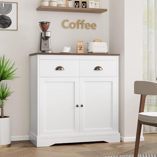 GarveeHome Farmhouse White Buffet Cabinet with Storage, Kitchen Sideboard with